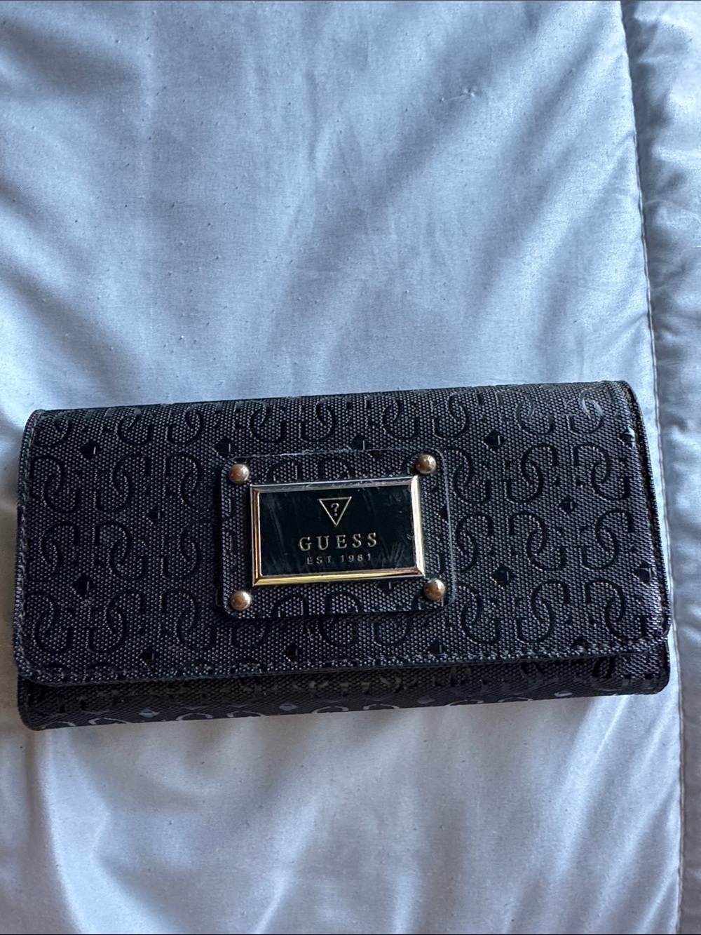 GUESS Black Logo Continental Clutch Wallet with Gold Plaque